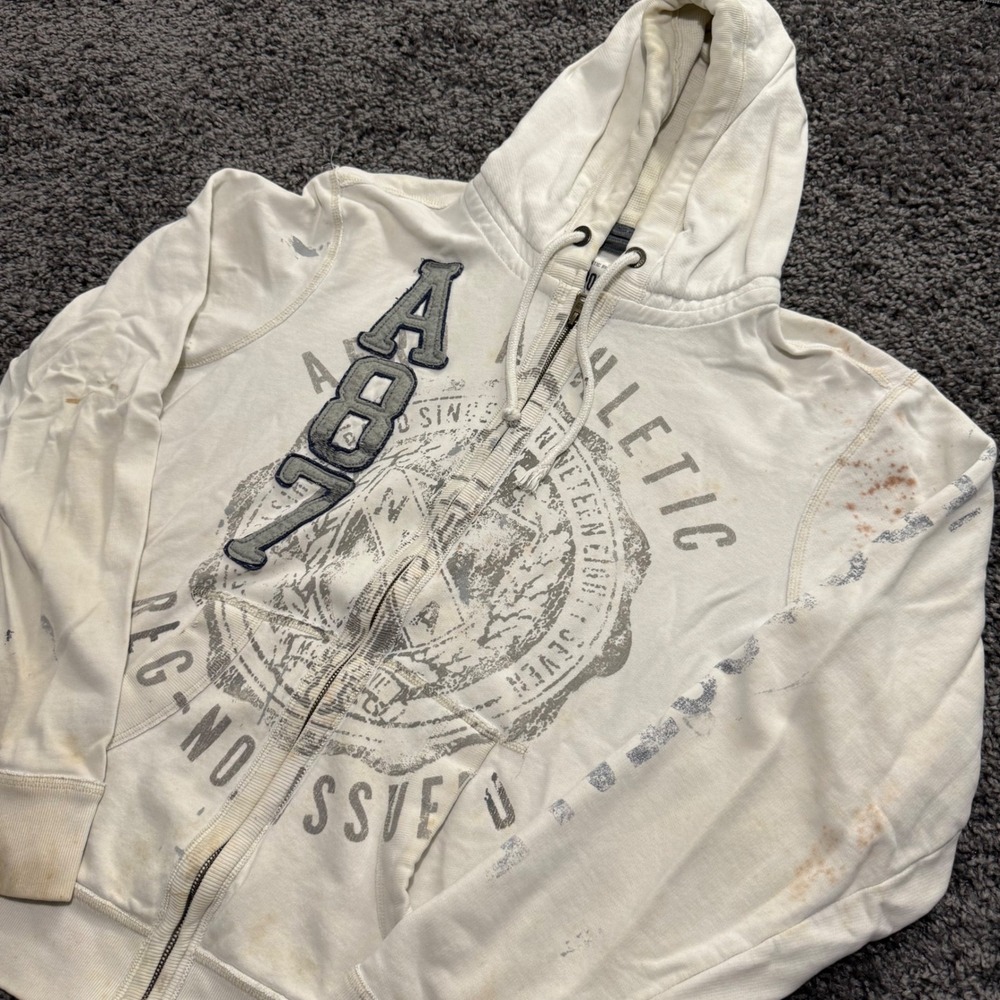Vintage Aeropostale Zip Up Hoodie Mens White Fair Distressed Graphic XL